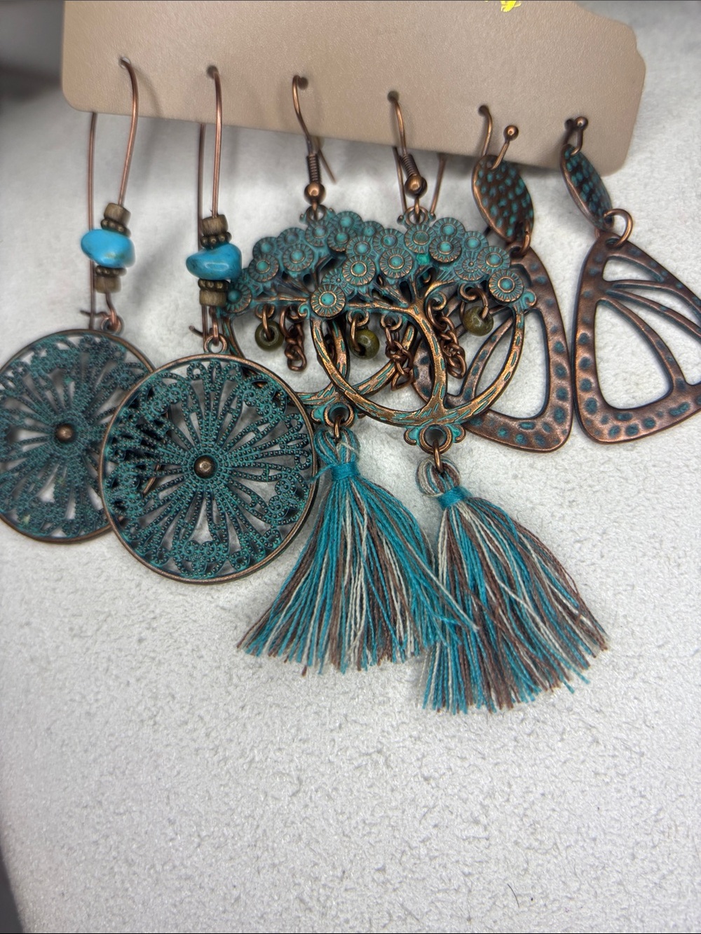 copper and blue tassel boho earring trio